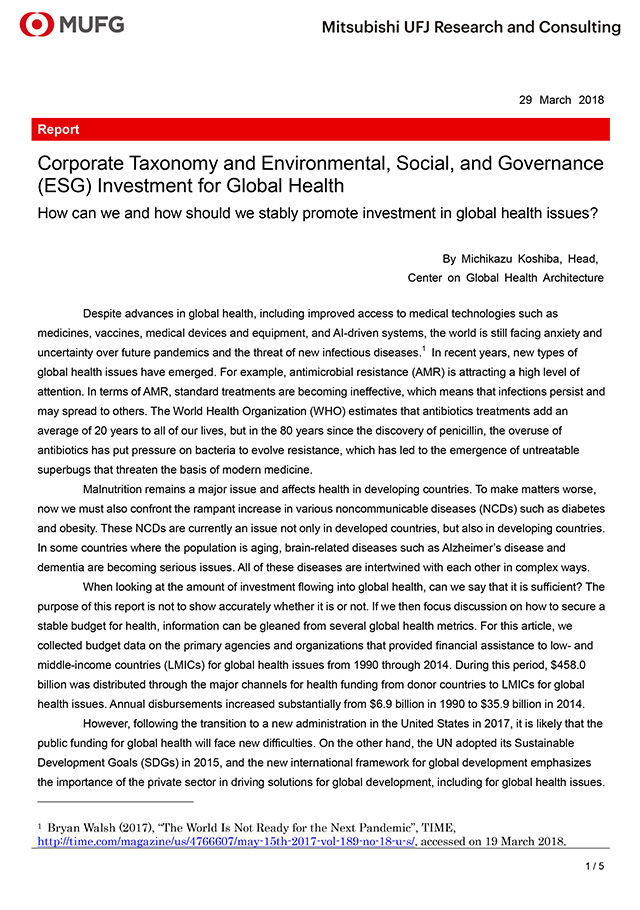  Corporate Taxonomy and Environmental, Social, and Governance (ESG) Investment for Global Health
